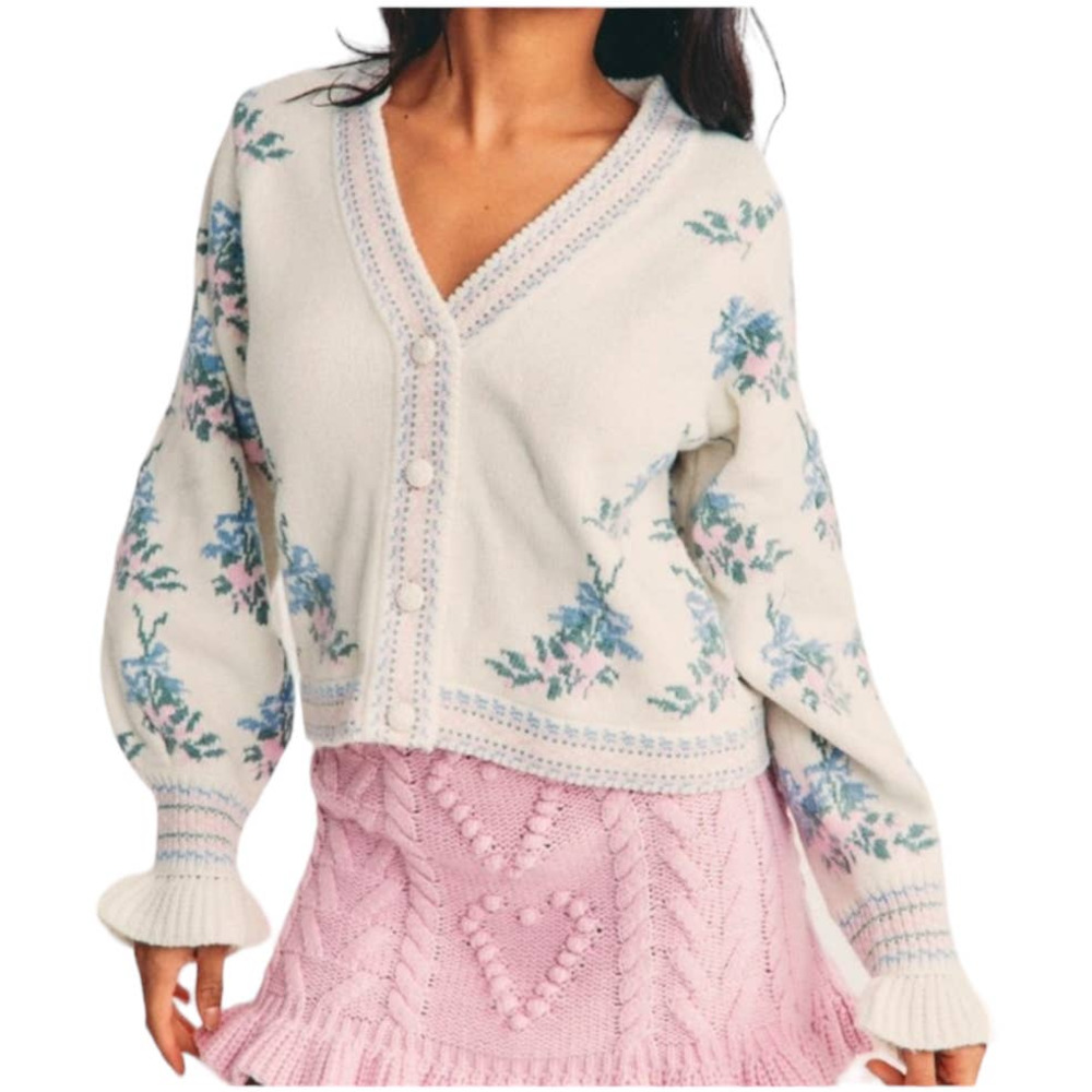 LoveShackFancy Cream Floral Cropped Cardigan with Pink and Blue Accents
